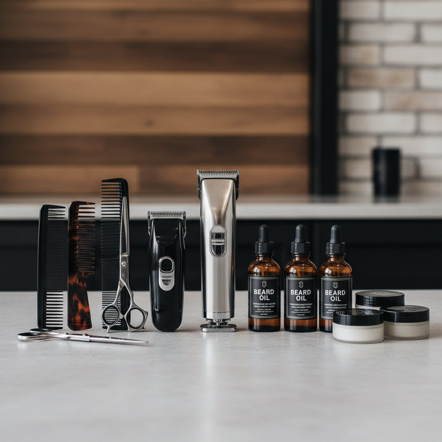 Create a square eCommerce collection banner image that showcases a variety of men’s grooming products together. Display professional grooming tools such as hair clippers, trimmers, foil shavers, scissors, combs, beard oil bottles, and styling products arranged naturally as a product lineup. Use a clean, modern studio background with a premium barbershop aesthetic. Lighting should be soft but professional, highlighting product details and textures. The composition should feel balanced and uncluttered, suitab